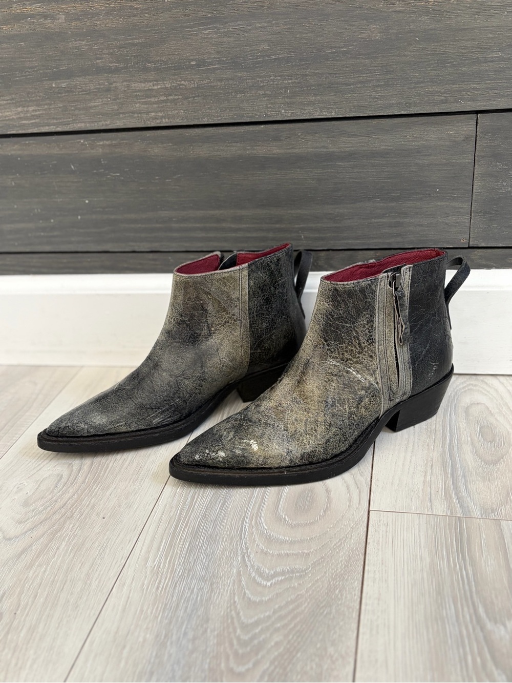 We The Free Women's Distressed Gray Leather Ankle Booties with Red Lining